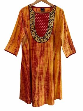 Kay Kraft Kurti Womens Sz 46 Red Yellow Batik Tie Dye Textured 3/4 Slv India